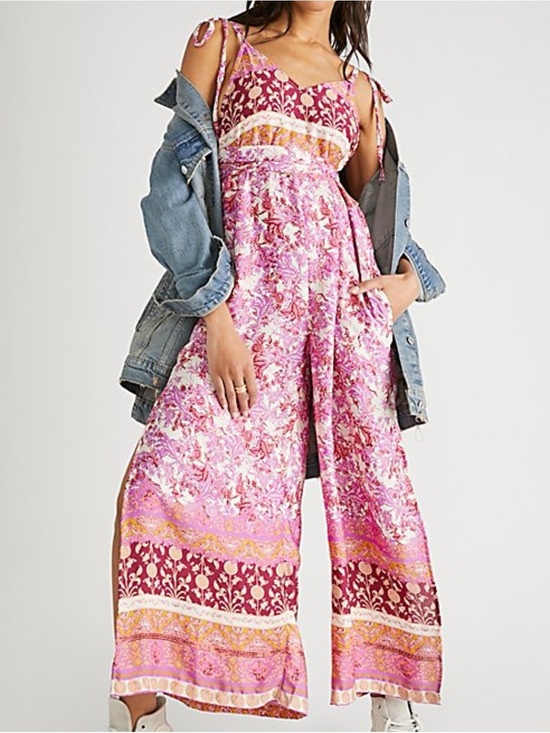 Free People Pants - Free People Small Leona Pink & Purple Print Wide Leg Sleeveless Jumpsuit
